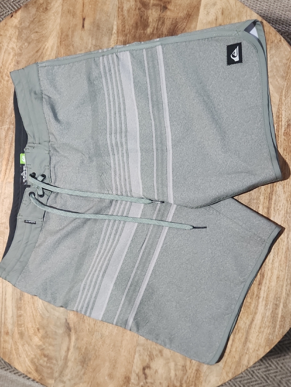 Quiksilver Green-Gray Striped Swim Trunks